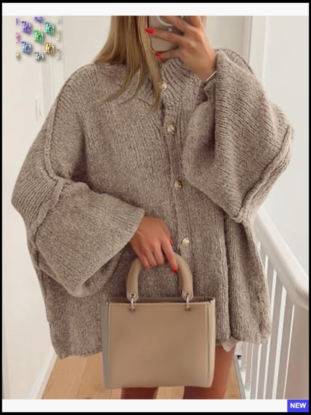 Oversized Cardigan Sweater Chunky Knit Lantern Sleeve Button Front Loose Fit - Picture 3 of 7